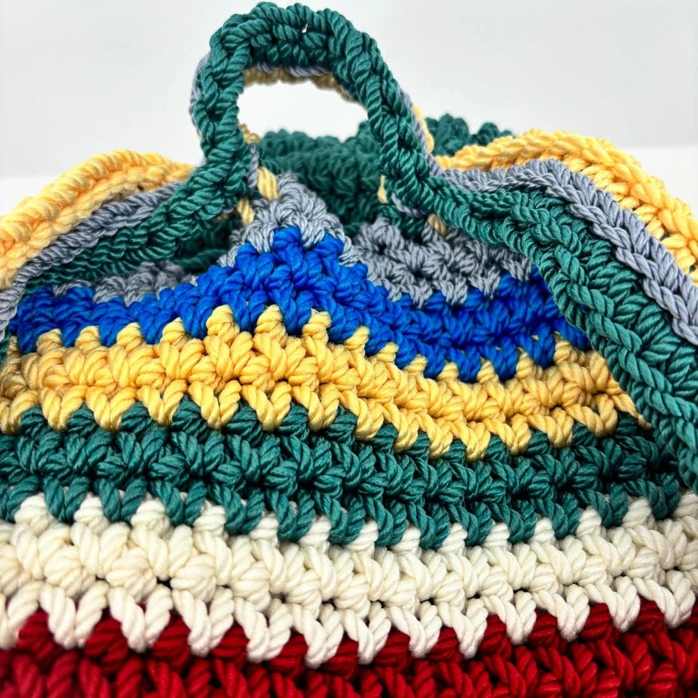 Handmade Crochet Striped Backpack Teal Multi Color Bow Detail Boho Knit Bag